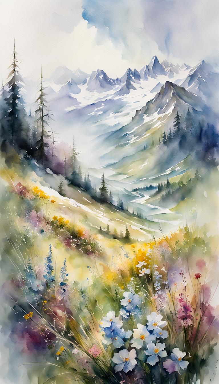 Spring Flowers in Alpine Valley: Watercolor Painting