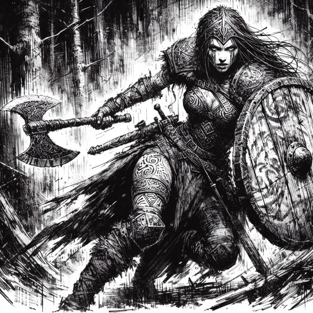 Fierce Shield-Maiden Attacks in Ink Art Style