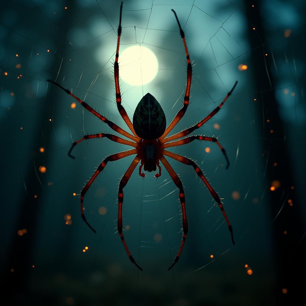 Spider in Web with Fireflies: Cinematic Still