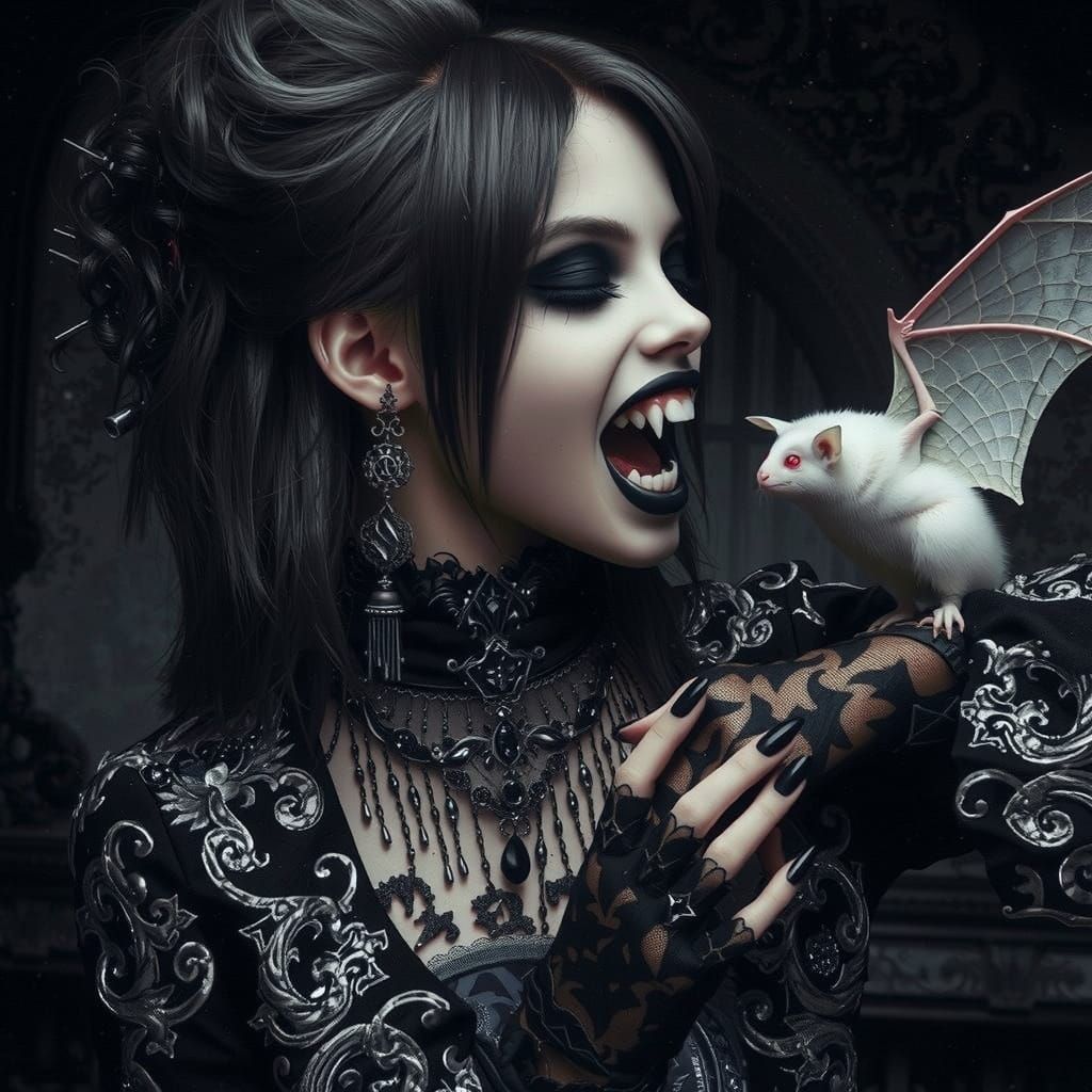 Gothic Vampire Adolescent Plays with a Bat in a Dark, Myster...