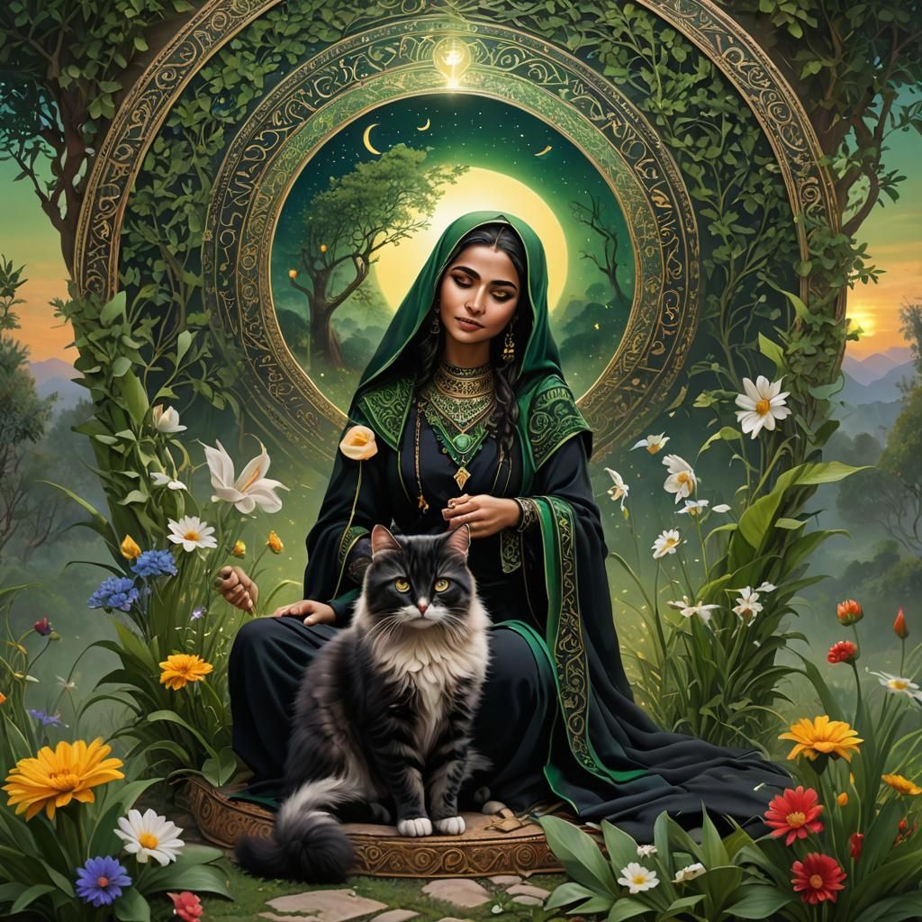 Sufi Woman, Kittens, and Mystical Sunrise