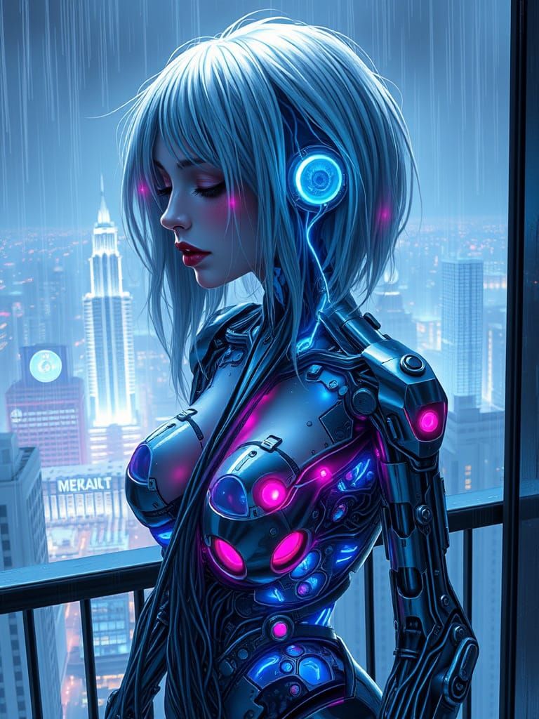 Cybernetic Woman with Chrome Exoskeleton in Neon City