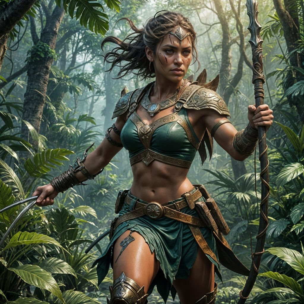 Amazonian Warrior Leaps Through Jungle: Dark Fantasy Art