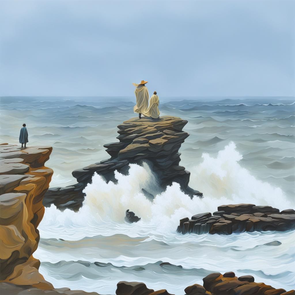 Surreal Figure Arrives on Stormy Beach, Oil Painting