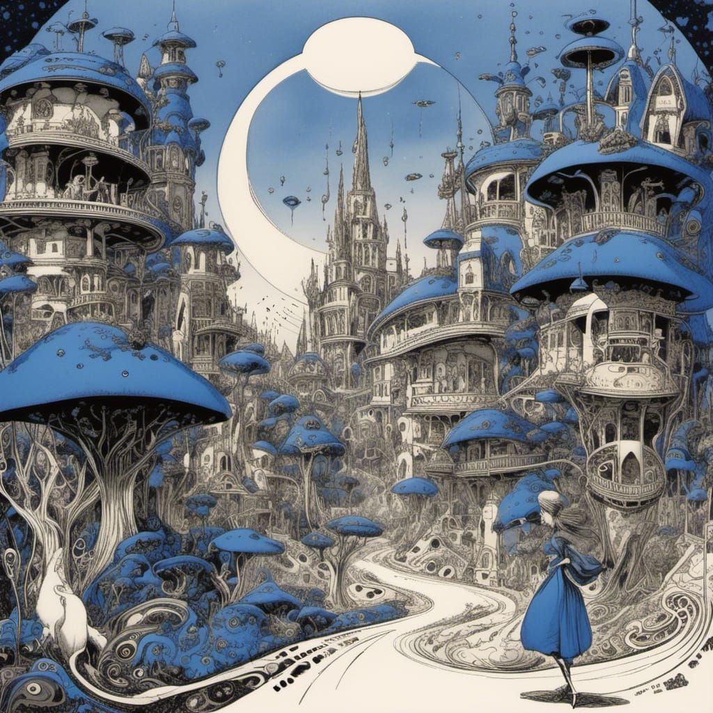 Whimsical Blue Ink Town in Art Nouveau Style