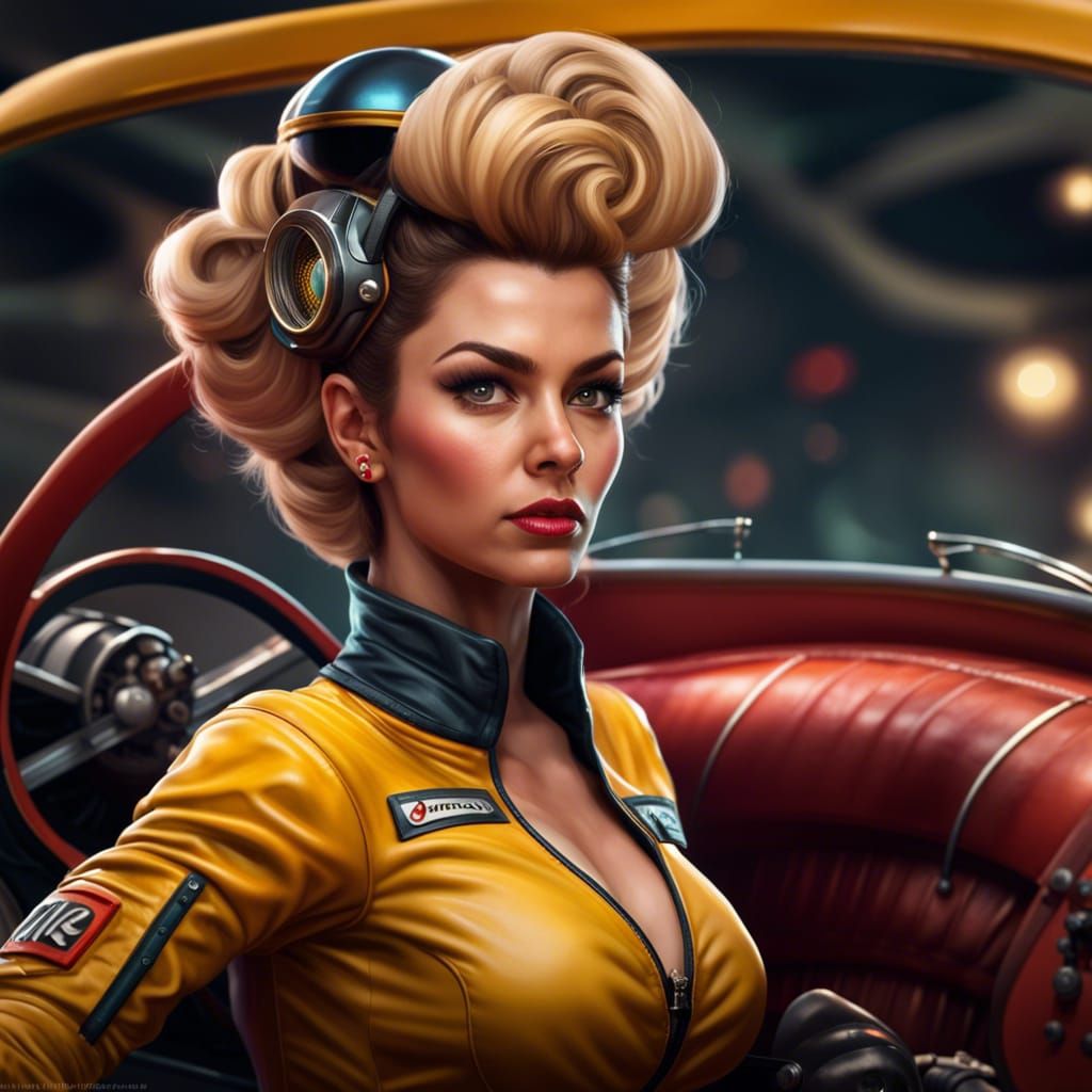 Pinup Race Car Driver with Beehive Hairstyle