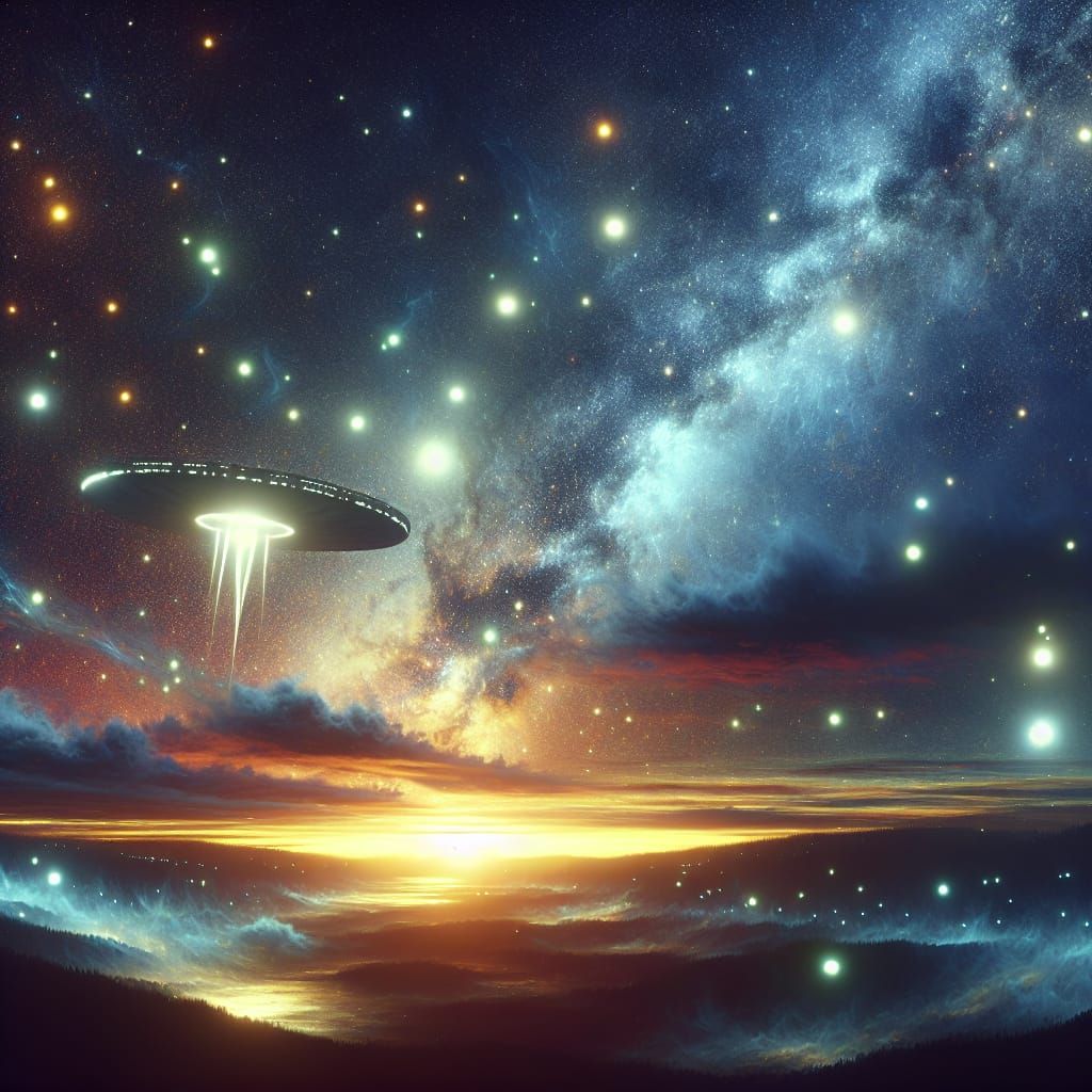 Alien Spaceship Cruises Through Starry Night Sky