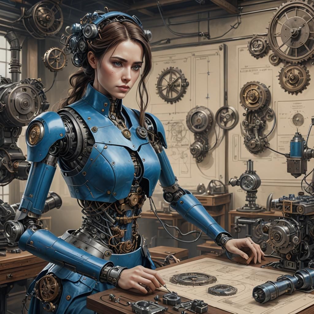 Steampunk Robot and Scientist Tuning Time Machine