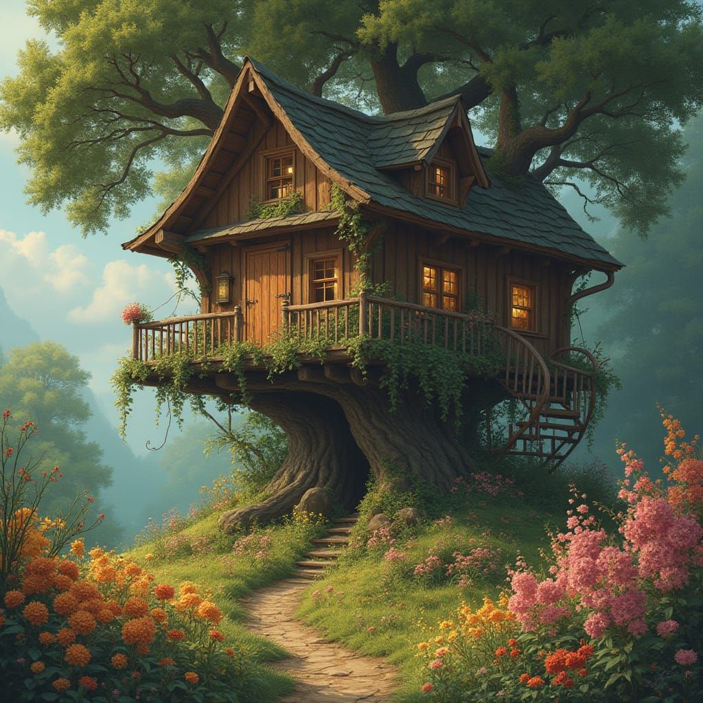 Realistic Rustic Treehouse with Flowers and Trail