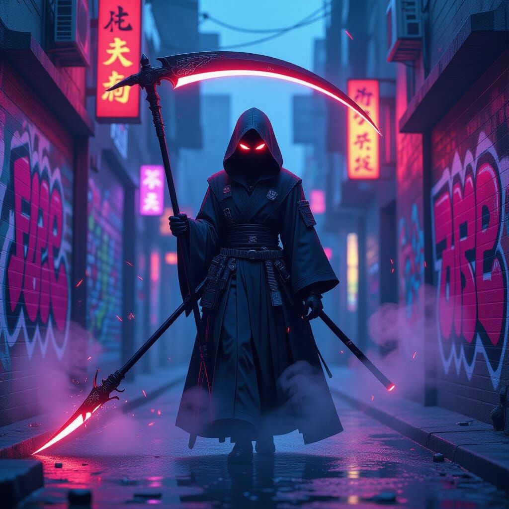 Anime Reaper in Neon Cyberpunk Alley