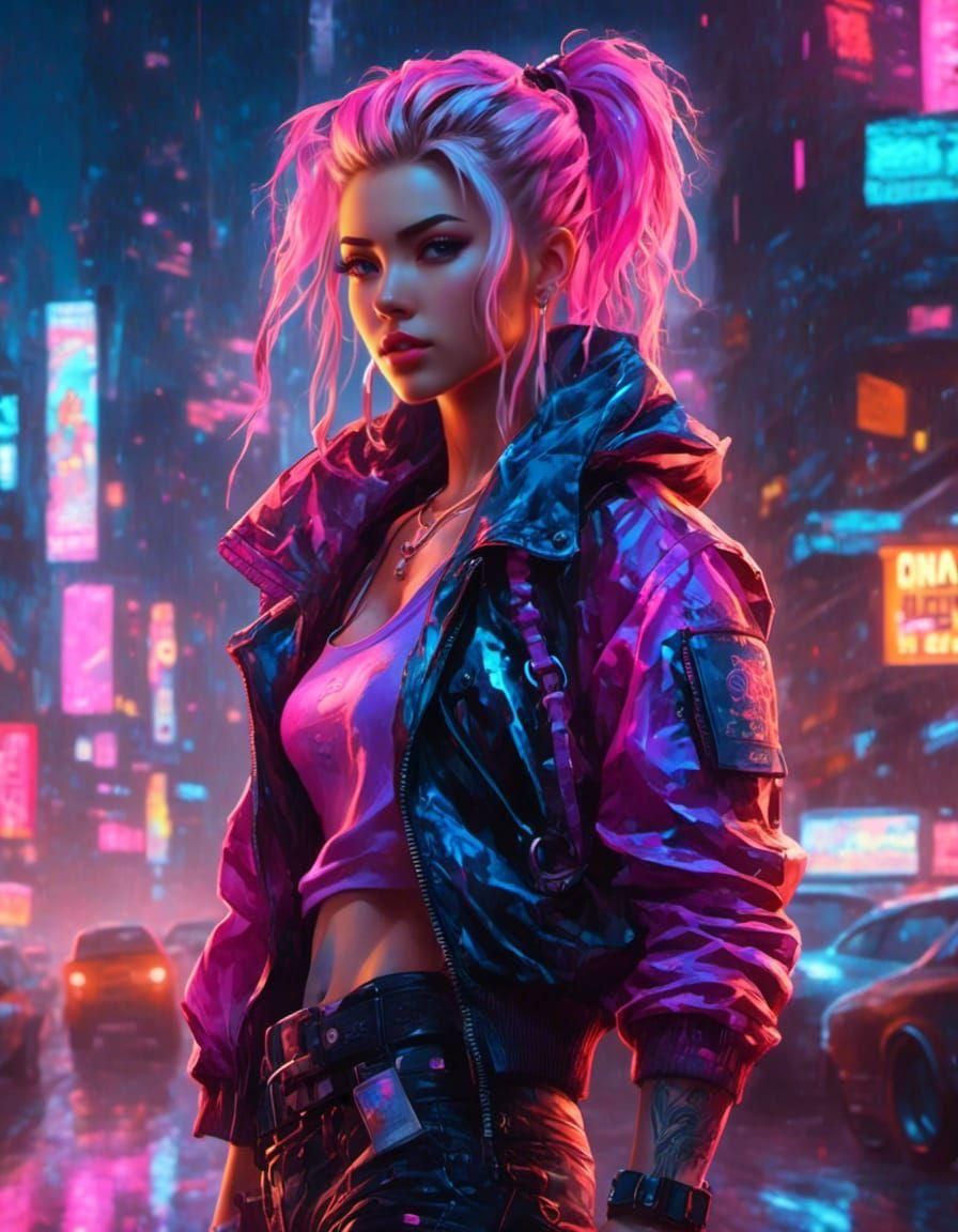 Cyberpunk Anime Girl in Neon Cityscape
