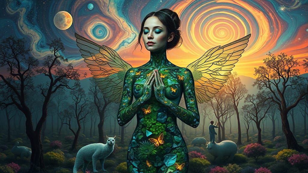 Surreal Bio-Art Landscape with Glowing Fireflies and Stained...