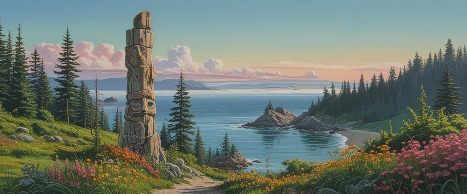 Vibrant Totem Poles on BC Coast in Morning Light