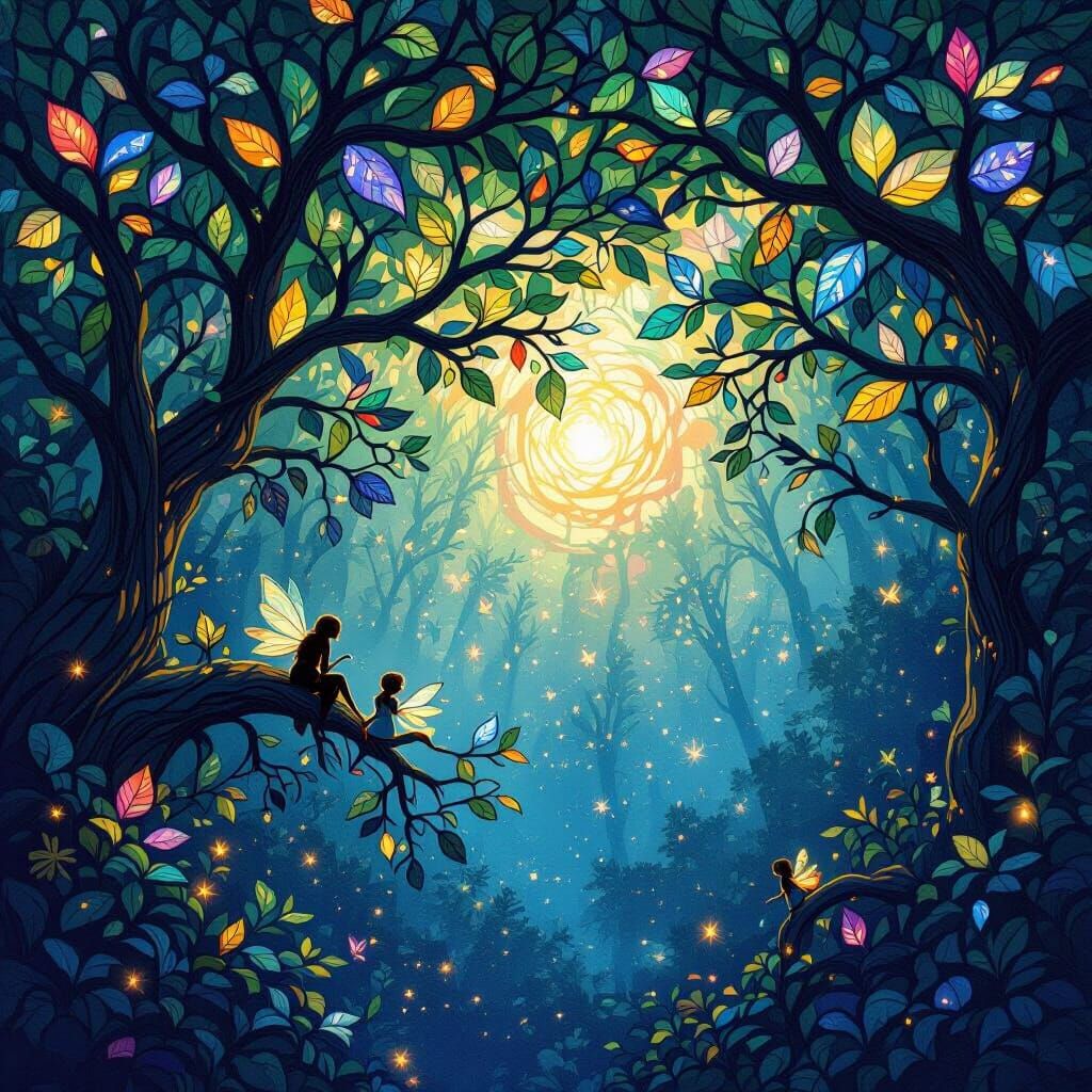 Vibrant Stained Glass Forest Canopy with Fairies and Galaxy