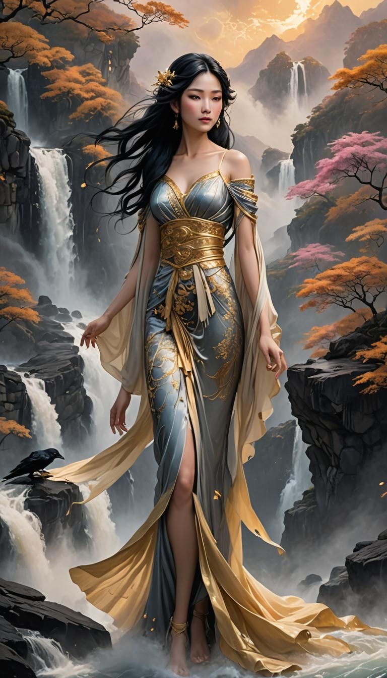 Celestial Woman at Cloud Waterfall in Pop Art Style