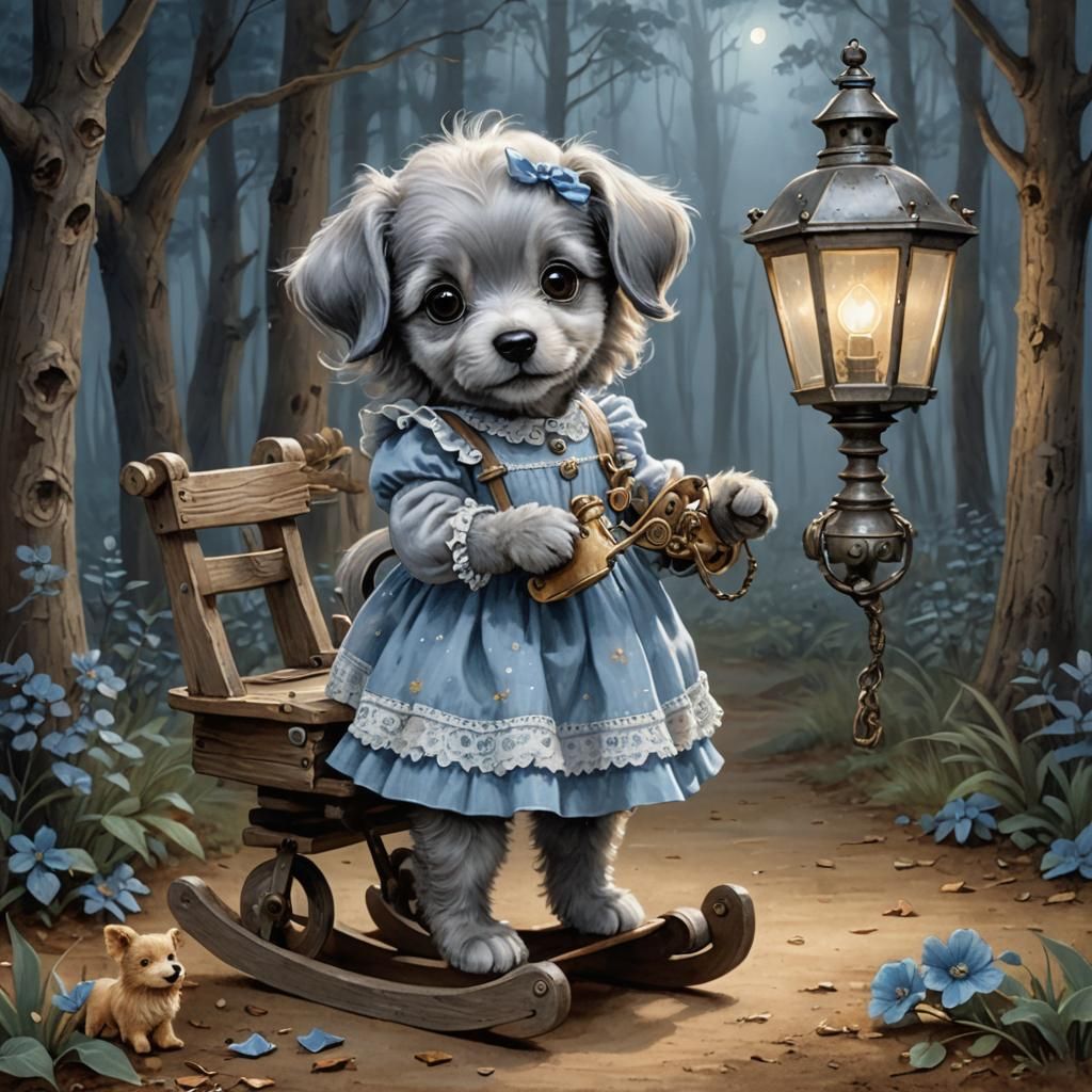 Cute Steampunk Puppy with Lamp in Forest