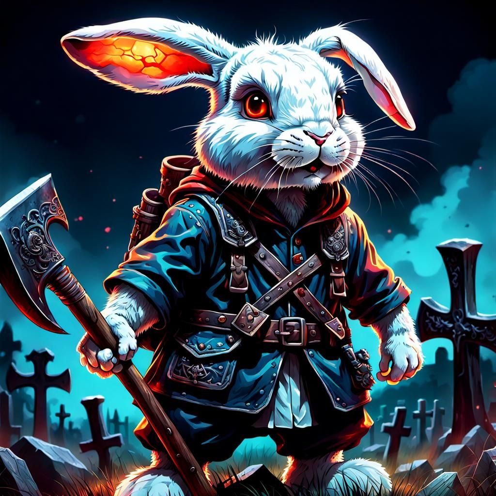 Evil Rabbit with Bloody Axe in Cemetery