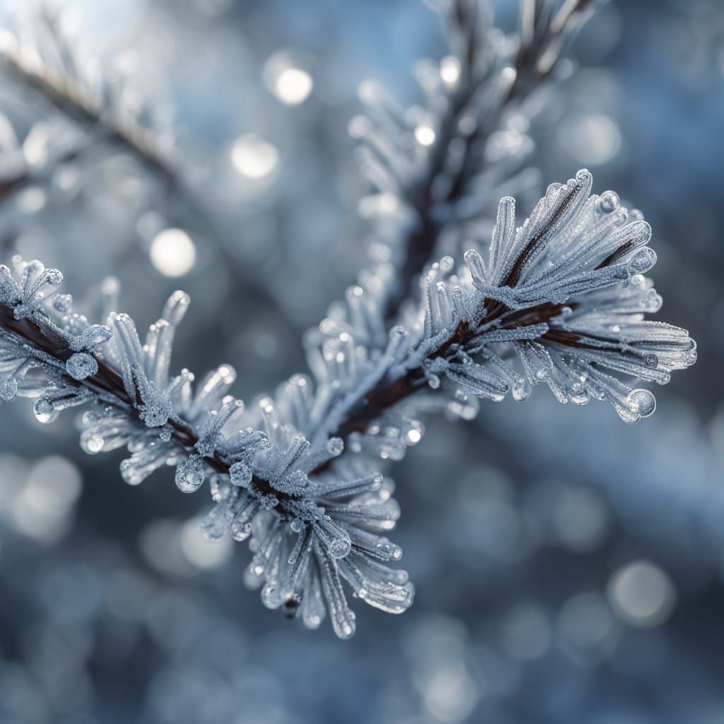 Macro Fantasy Realism: Winter World in Ice Droplets on Pine ...