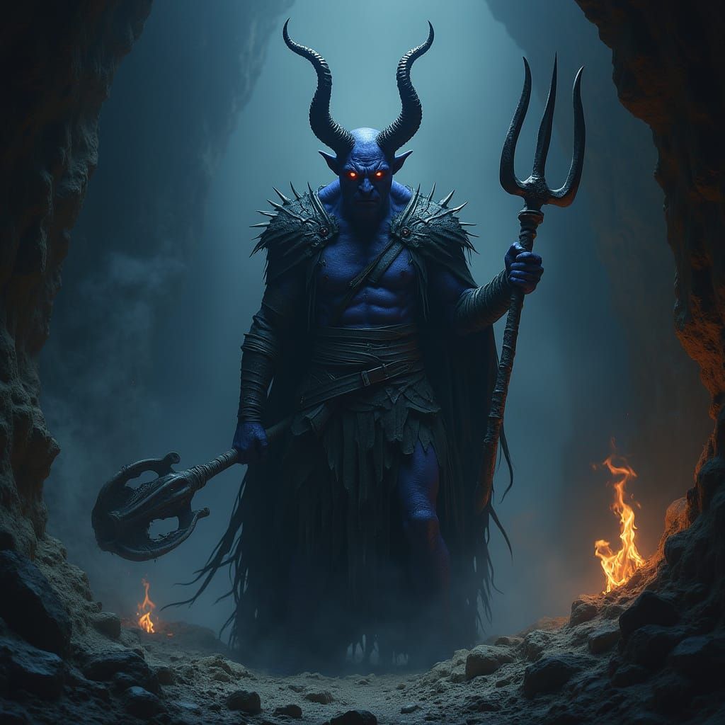 Fiery Blue Devil in Smoky Cave, Dark Surrealism