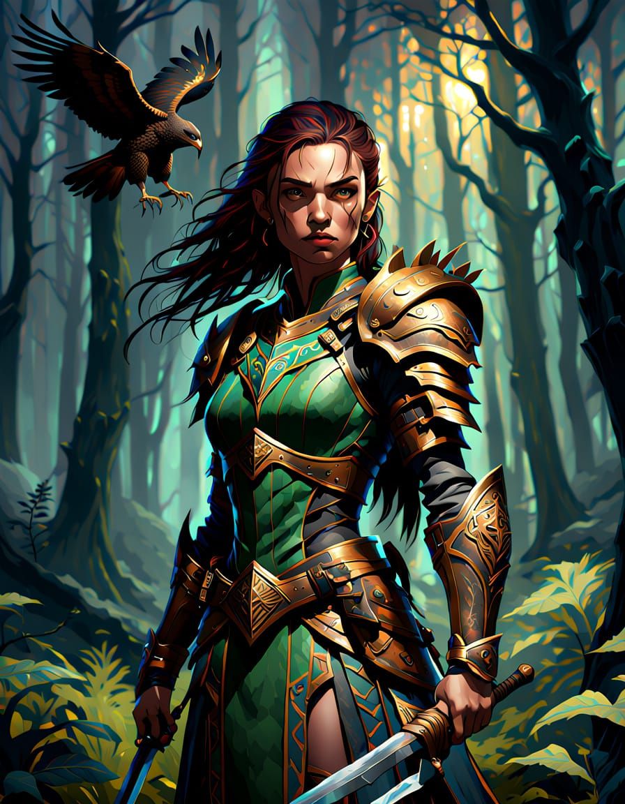 Warrior-Mage in Mystical Forest, Oil Painting