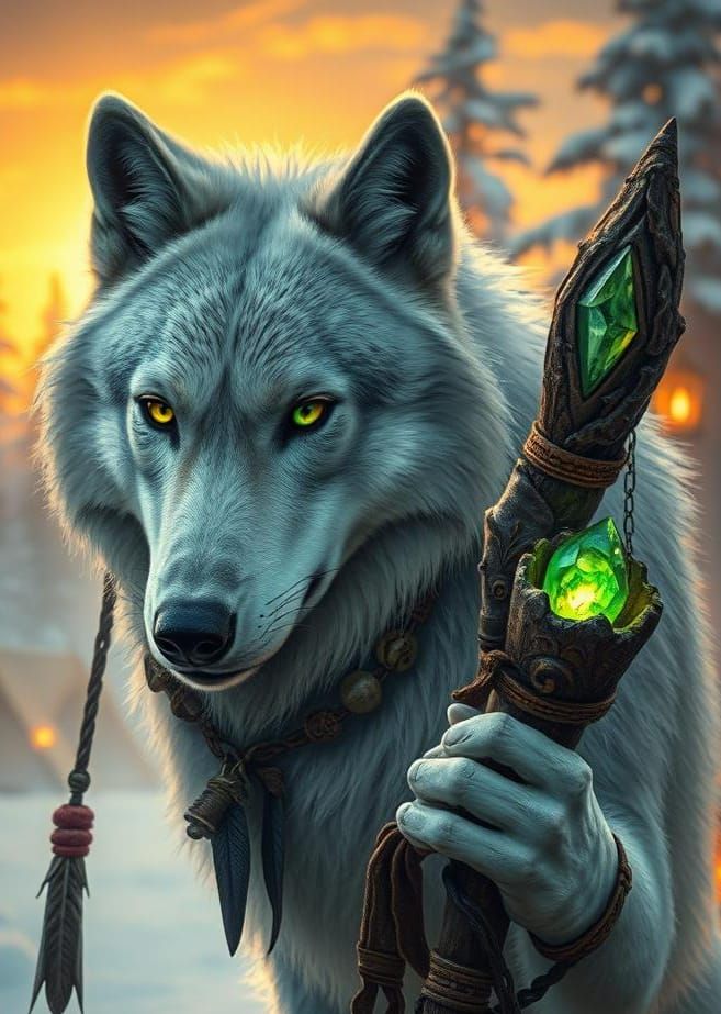 Wolfkin Shaman in Winter Forest, Digital Art