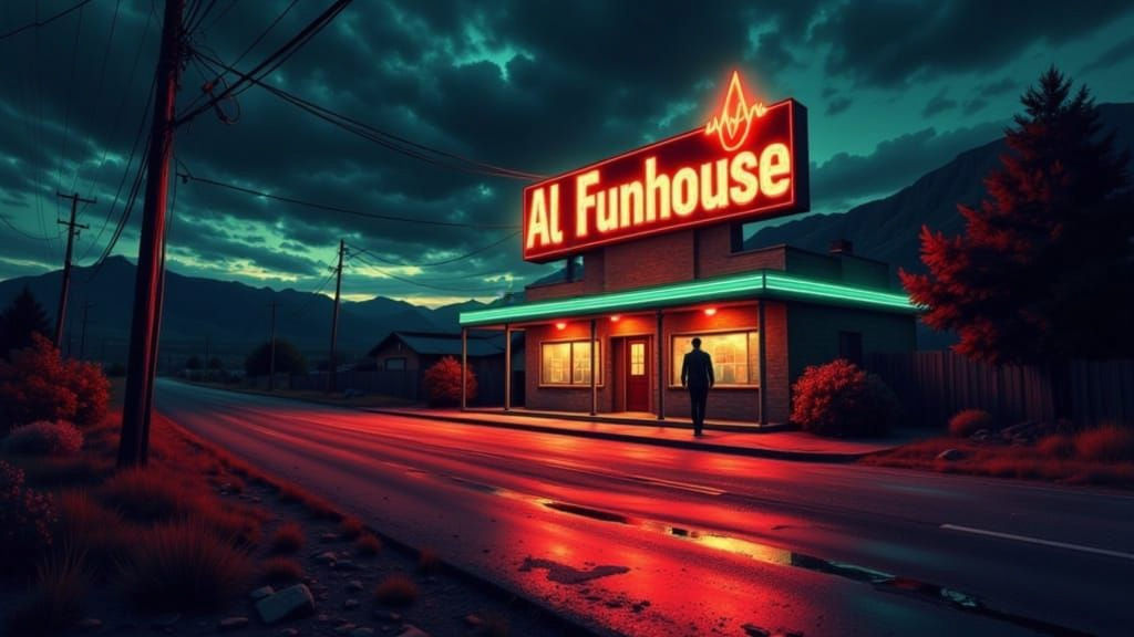 Dystopian Bordello at Dawn in a Neon Graphic Novel World