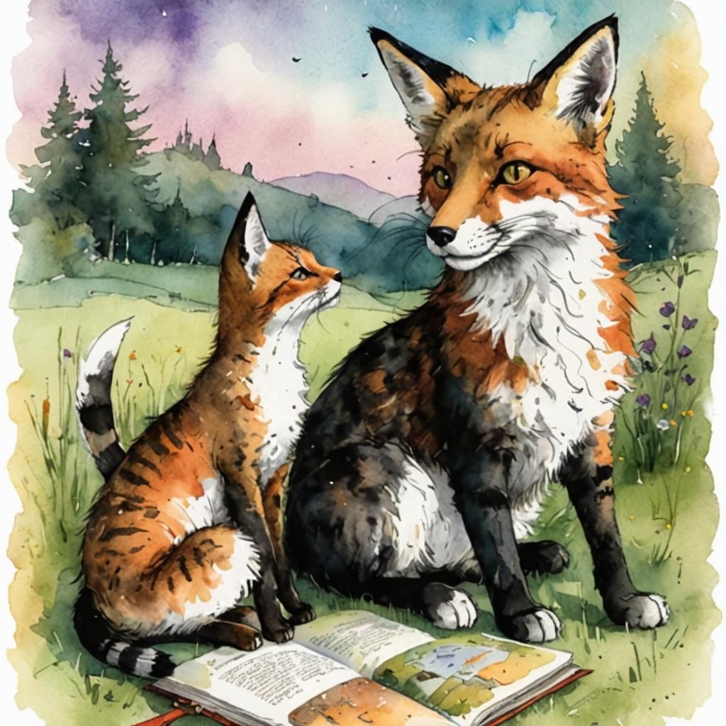Charming Storybook Friends: Fox and Cat Illustration