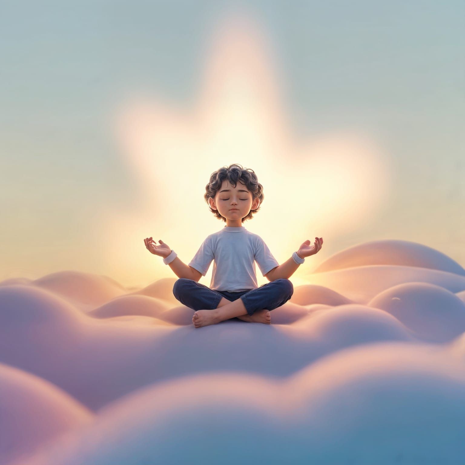 Serene Character Meditating on Cloud in Golden Aura