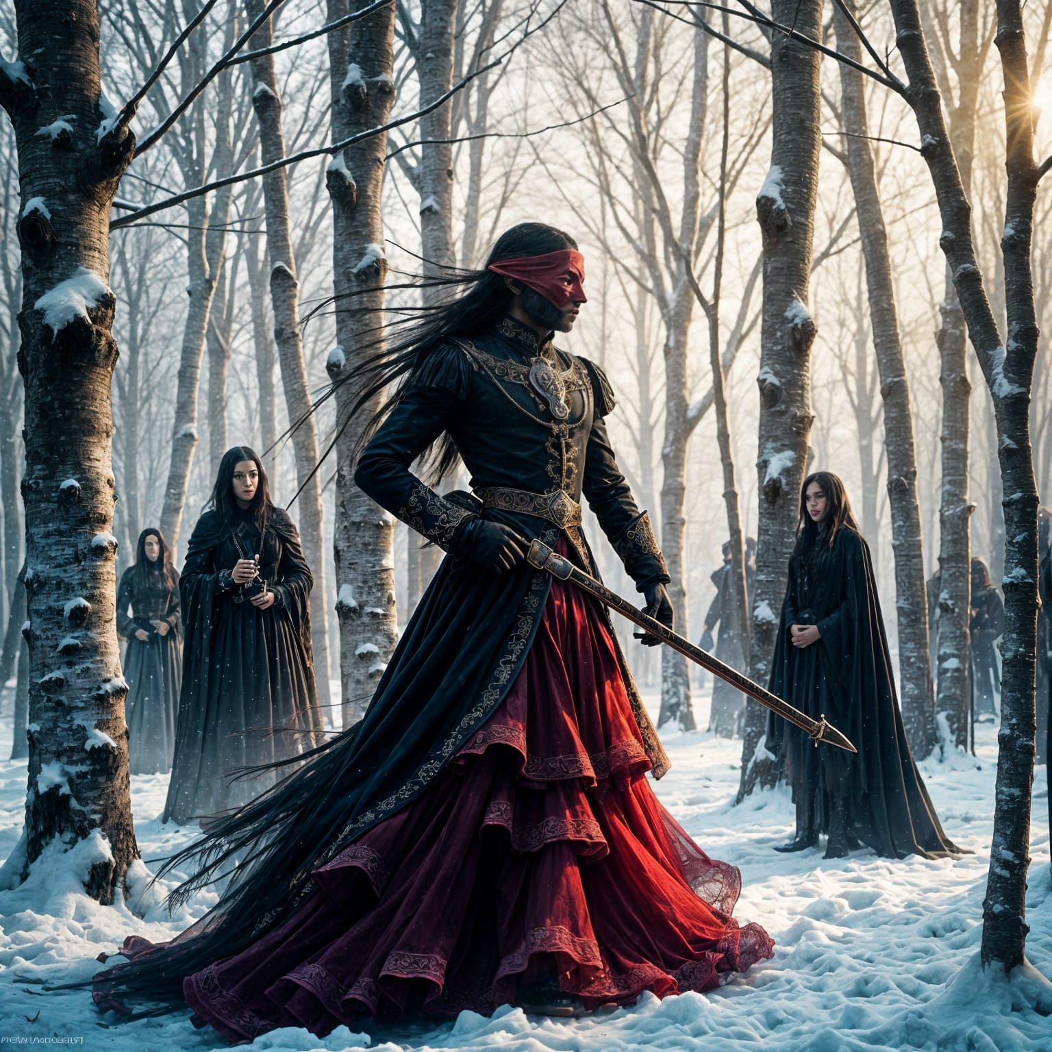 Masked Musketeer in Winter Forest, Art Nouveau Style