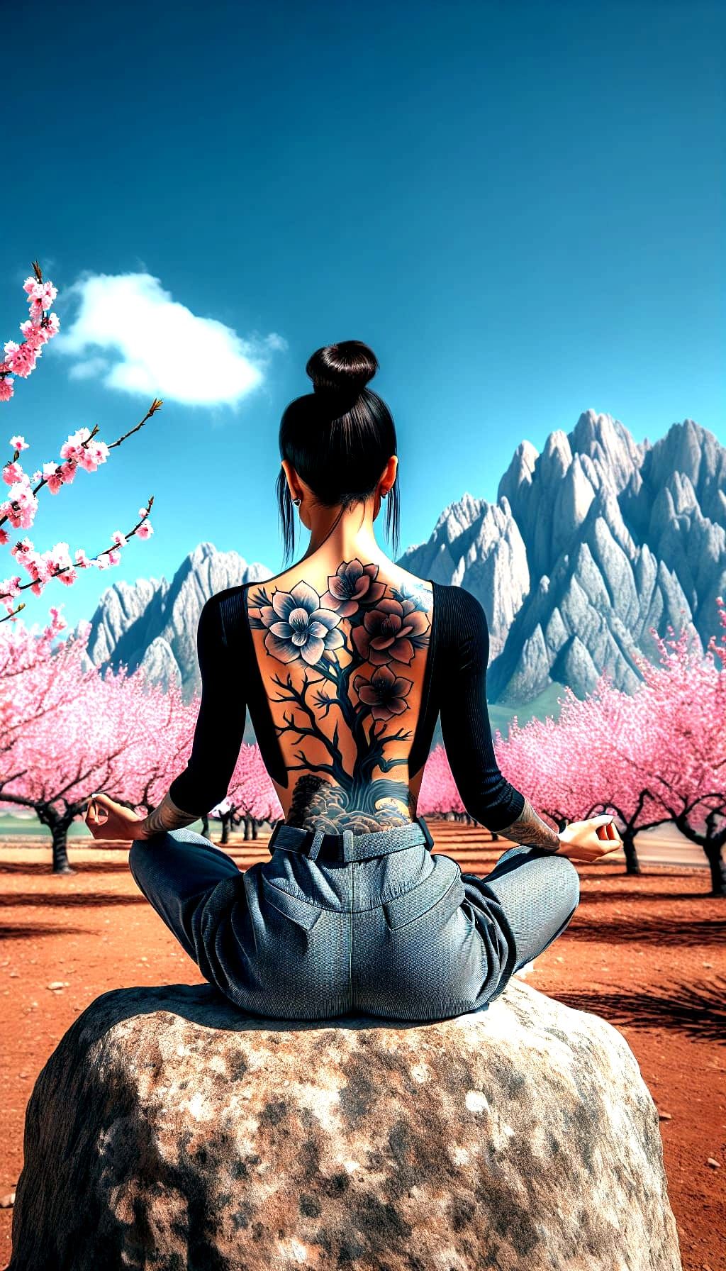 Meditative Woman Overlooking Cherry Blossom Landscape