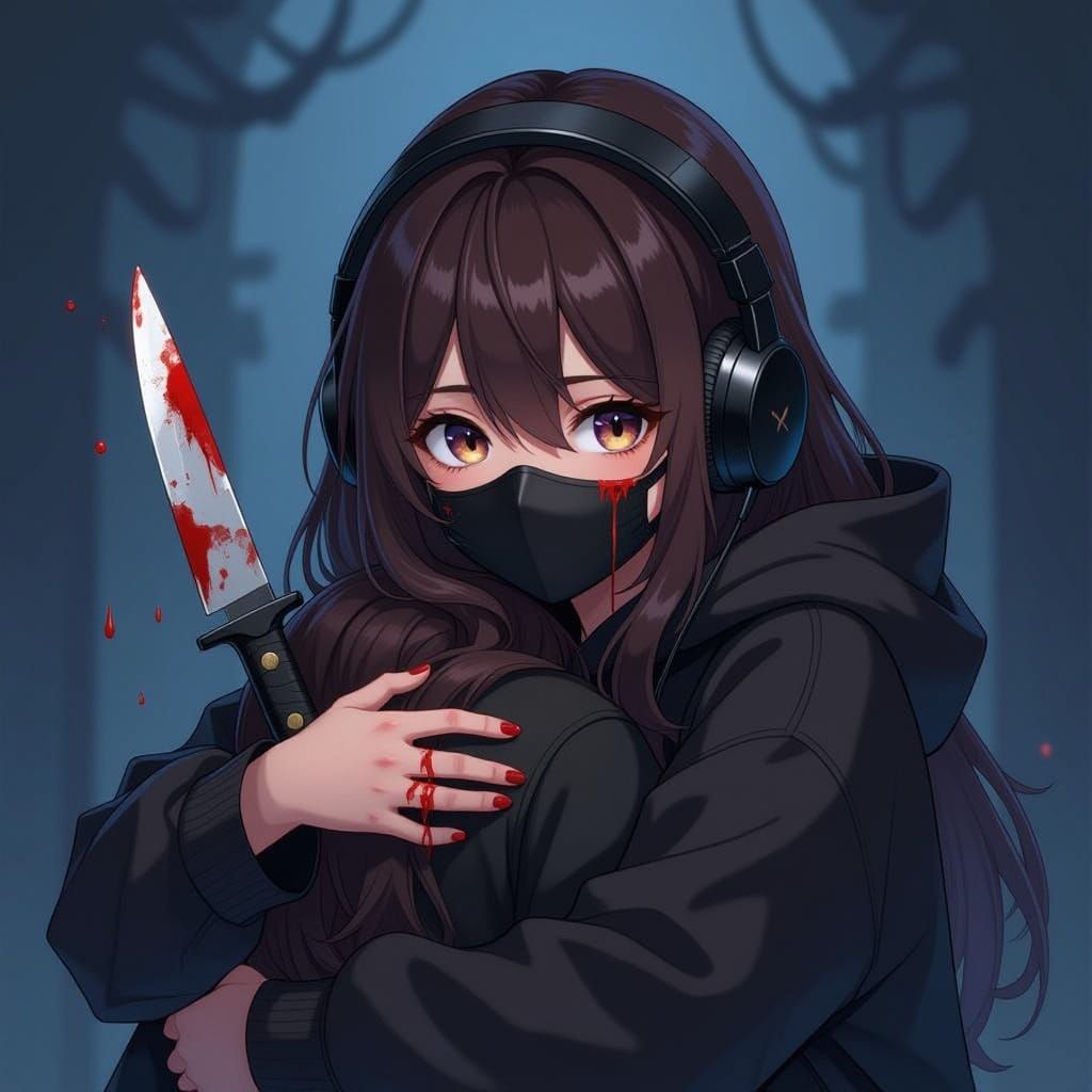 Whimsical Girl's Dark Embrace in 3D Anime Style