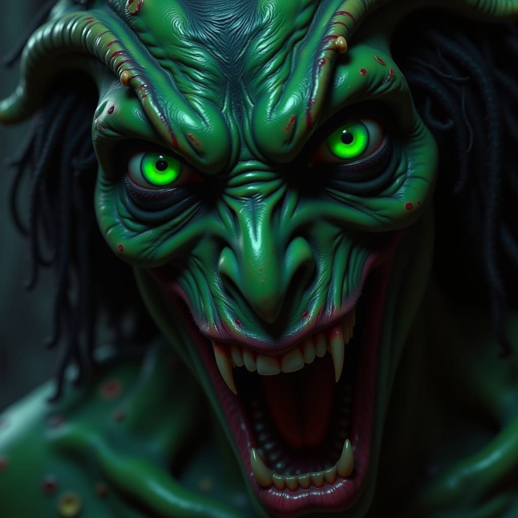 A Haunting Close-Up of a Wendigo's Glowing Green Eyes