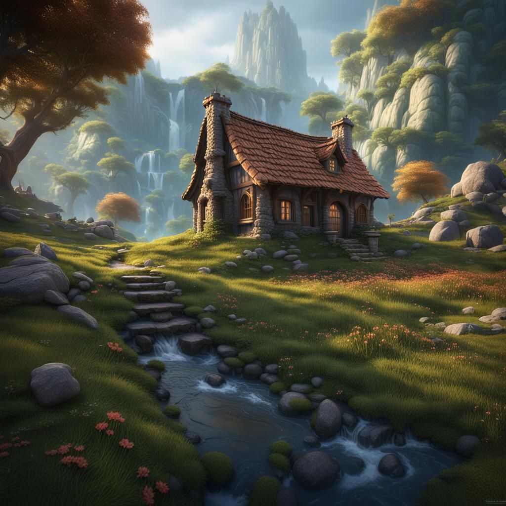 Small House in Tranquil Valley: Detailed Matte Painting