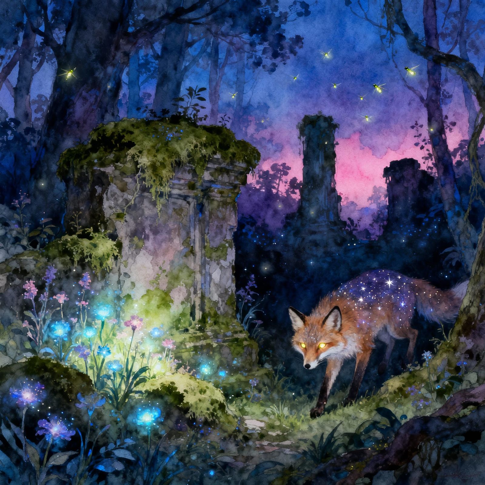 Mystical Fox in Enchanted Forest Twilight