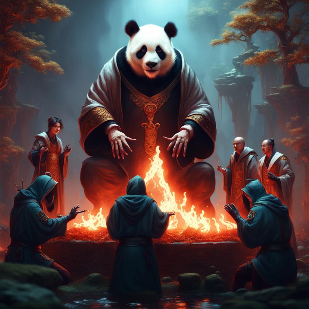 Cult Members Summoning a Panda: Fantasy Art
