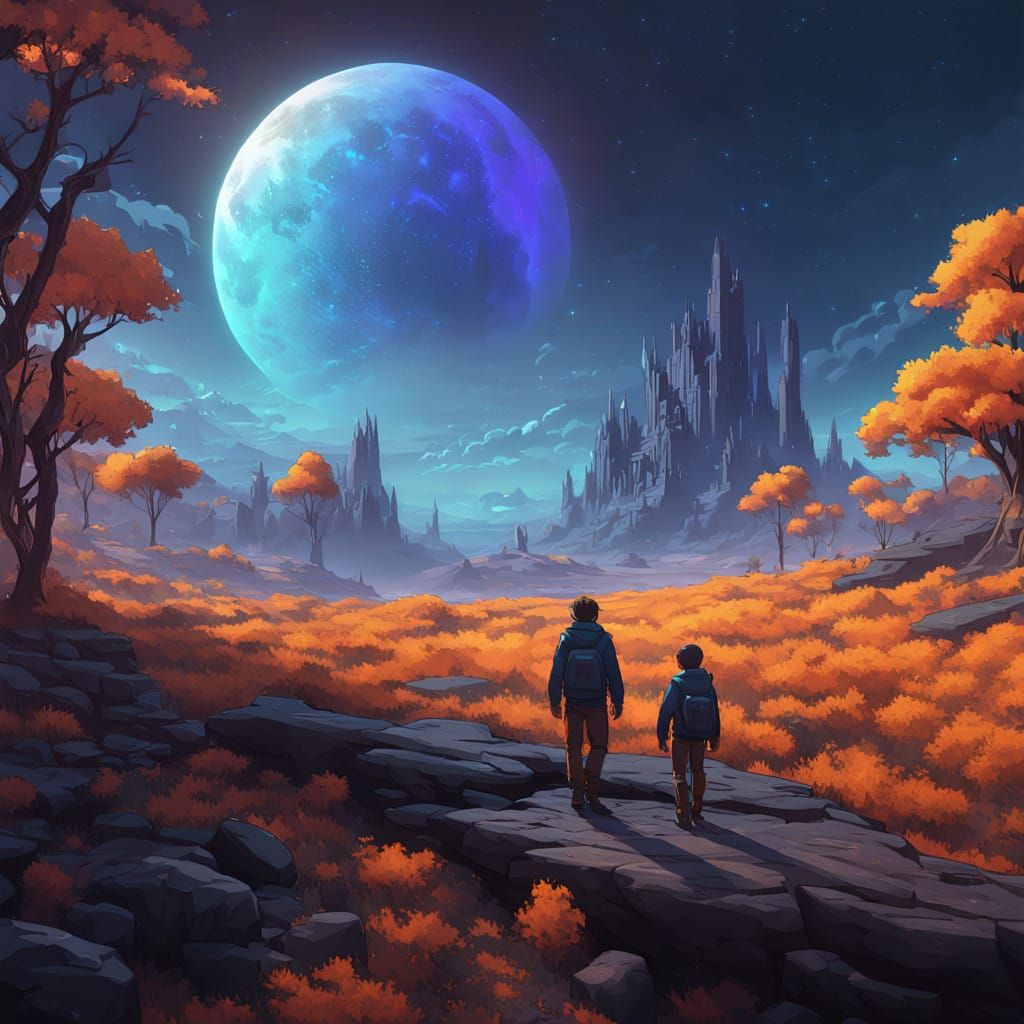 Celestial Family Moment in Futuristic Night Sky