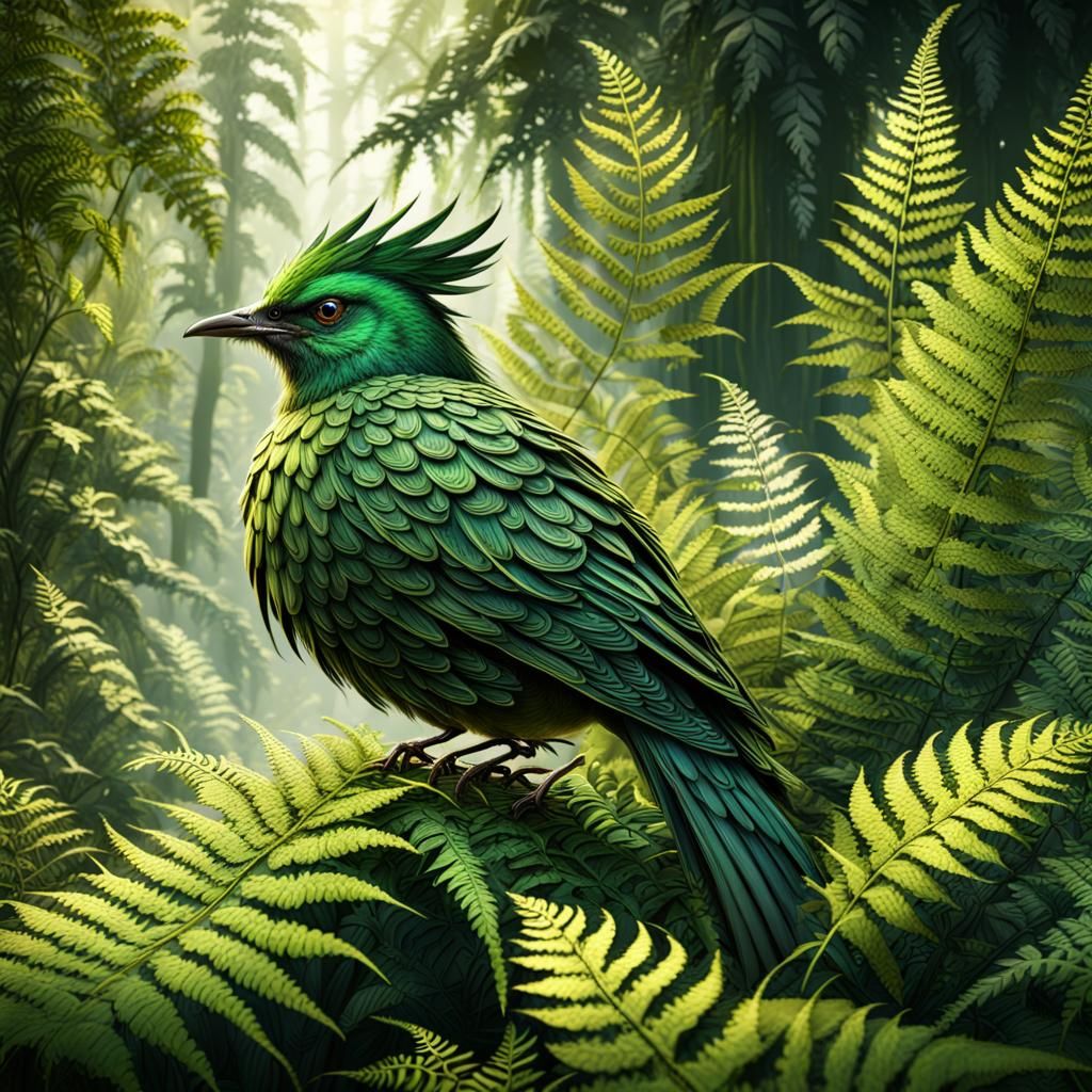 Green Bird in Fern Forest: Detailed Matte Painting