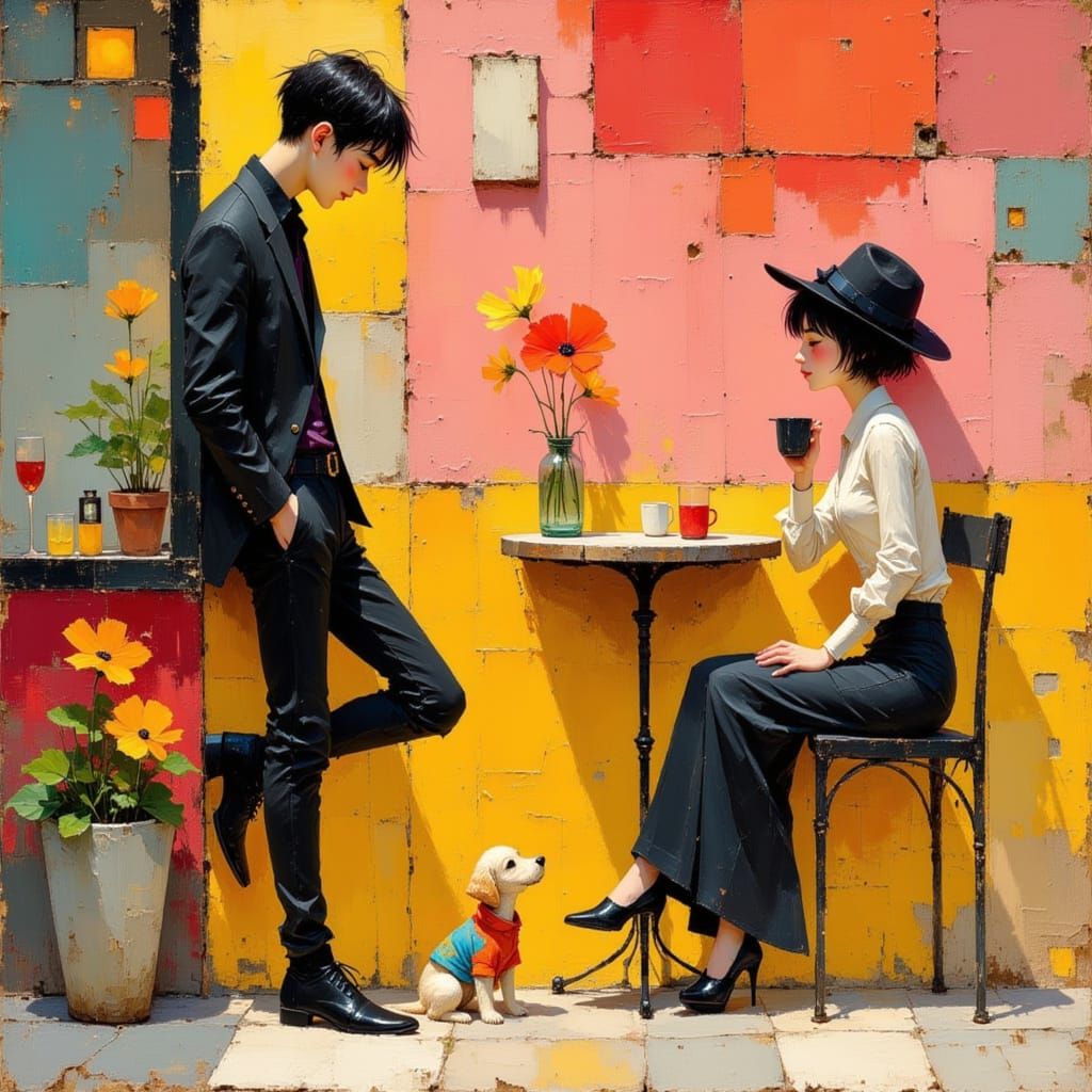 Cafe Scene: Man, Puppy, and Woman in Whimsical Style