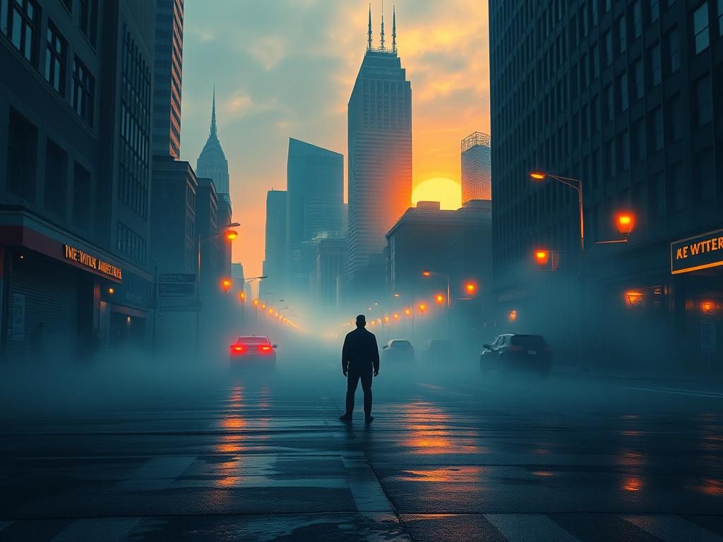 Misty Cityscape at Night in Hyperrealistic Style