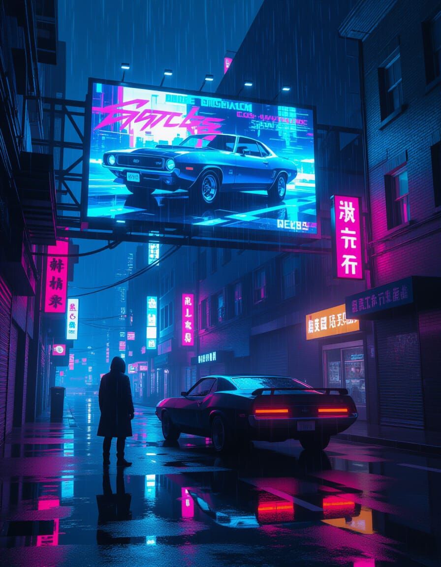 Cyberpunk Figure Before Glitching Muscle Car Ad