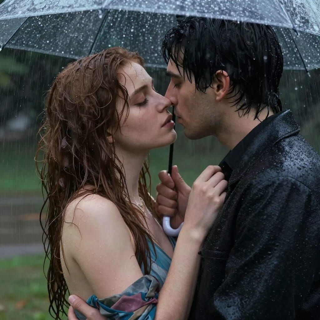 Passionate Kiss in Heavy Rain