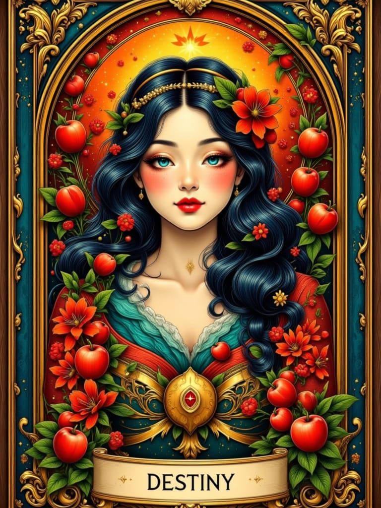 Neo-Traditional Tarot Card of Destiny with Ornate Border