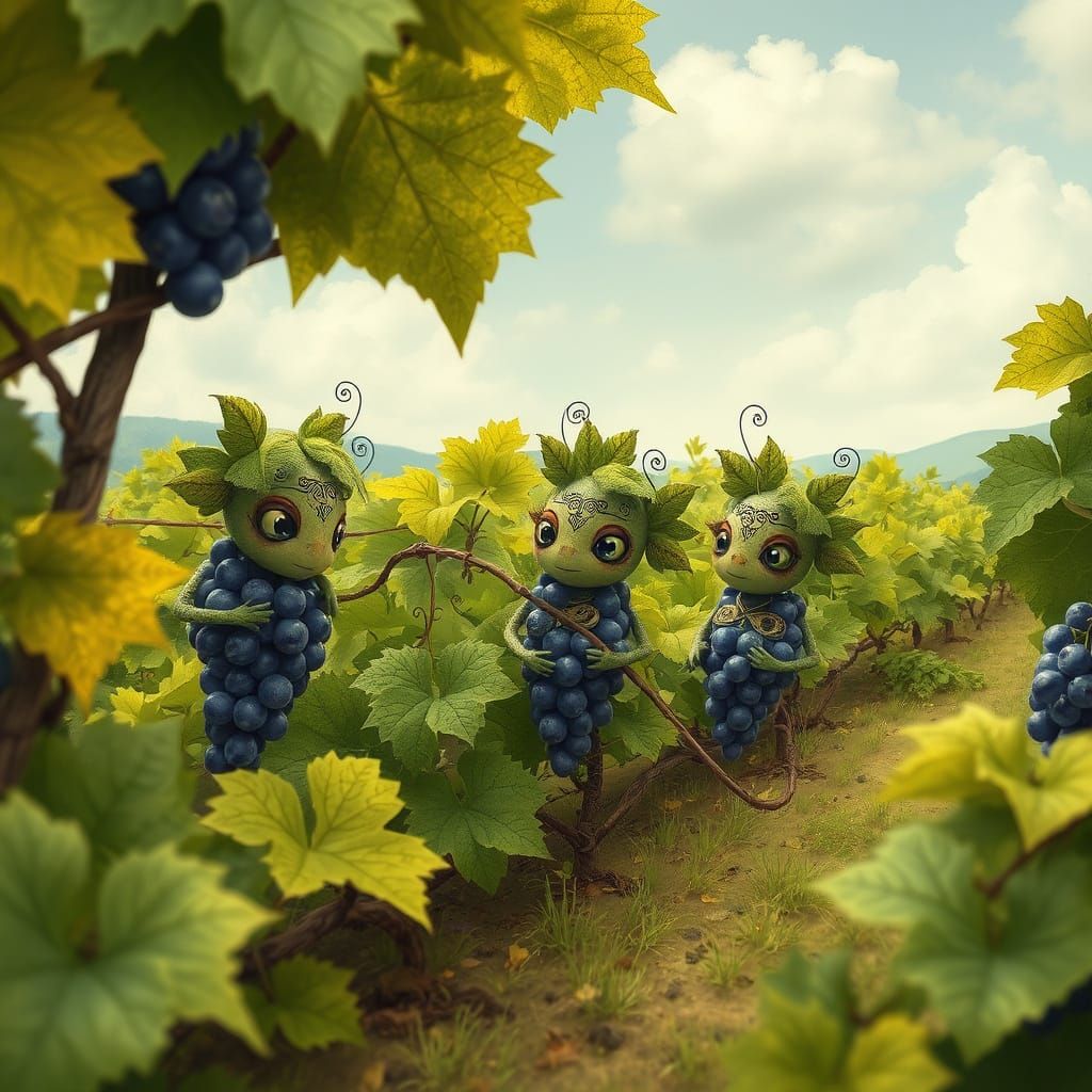Whimsical Grape Creatures in Lush Vineyard Scene