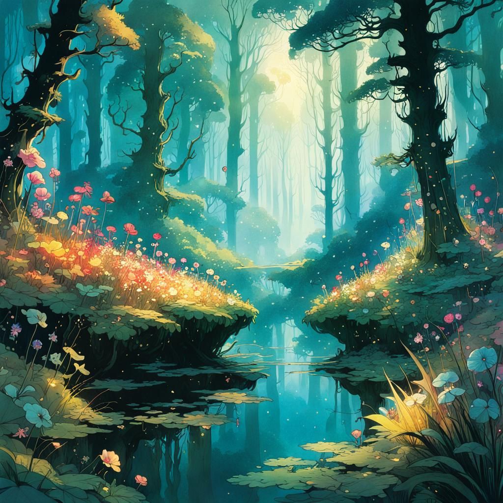 Enchanted Forest with Fairy Flowers in Solarpunk Style