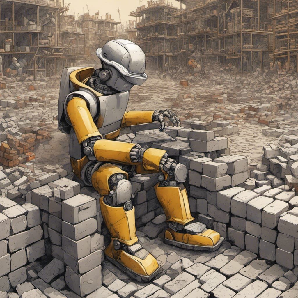 Cyberpunk Robot Bricklayer in Surreal Style