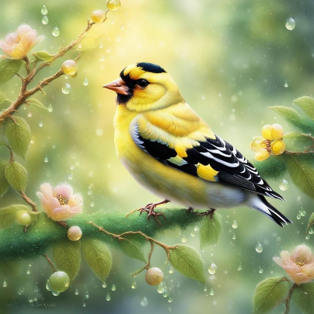 Goldfinch in Ethereal Fantasy Landscape