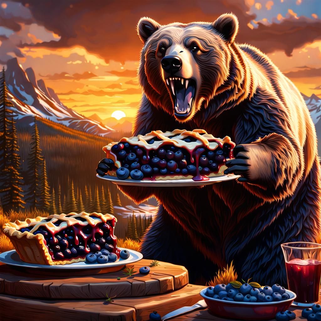 Excited Grizzly Bear with Blueberry Pie