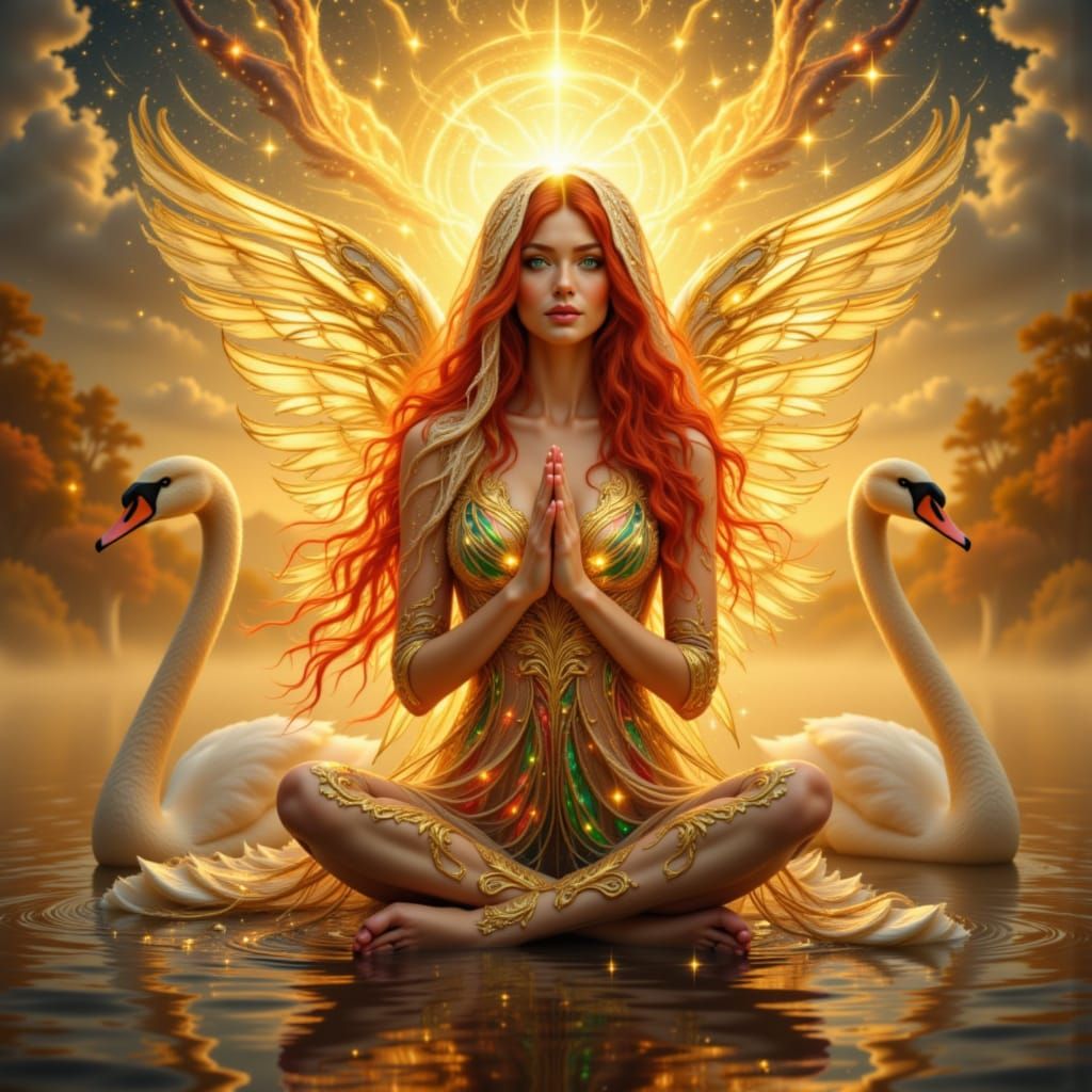 Swan Goddess in Stained Glass Gown Radiating Light
