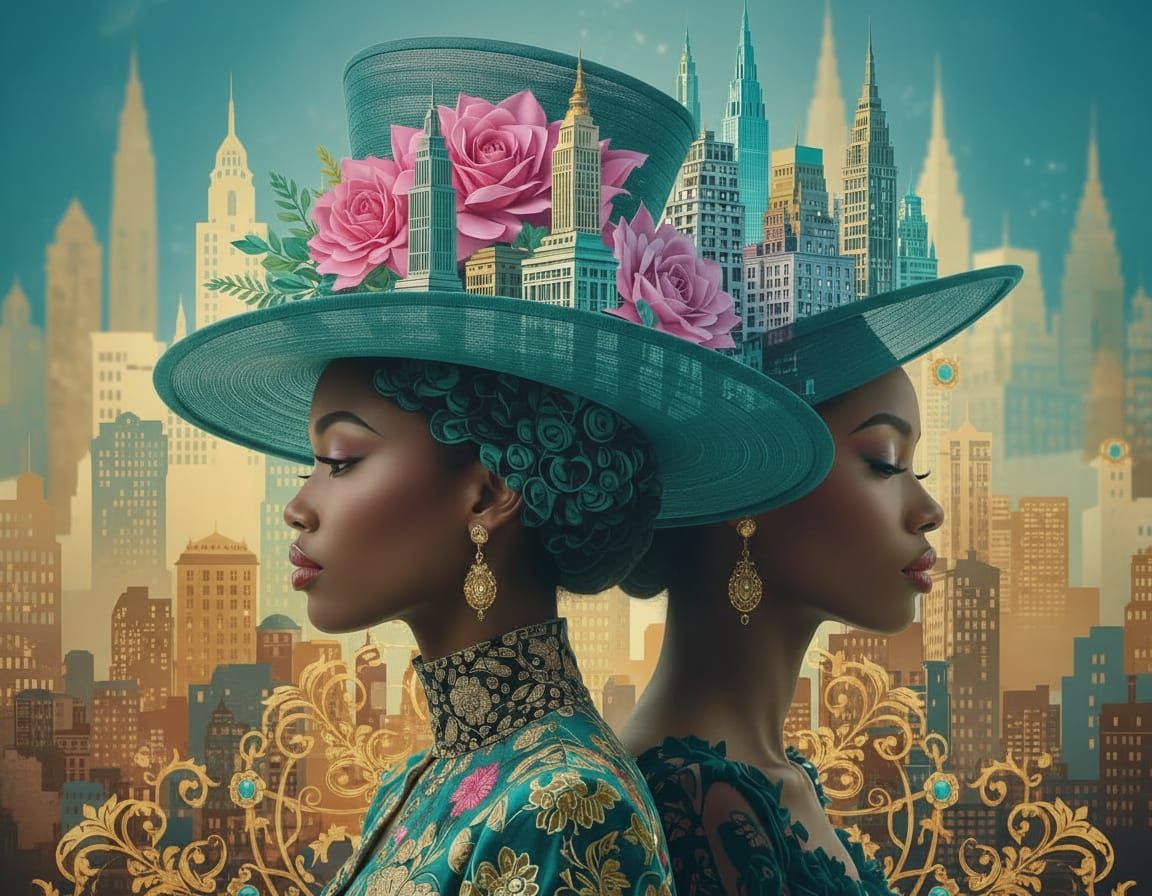 Surreal Double Exposure of Elegant Woman with Cityscape Hat