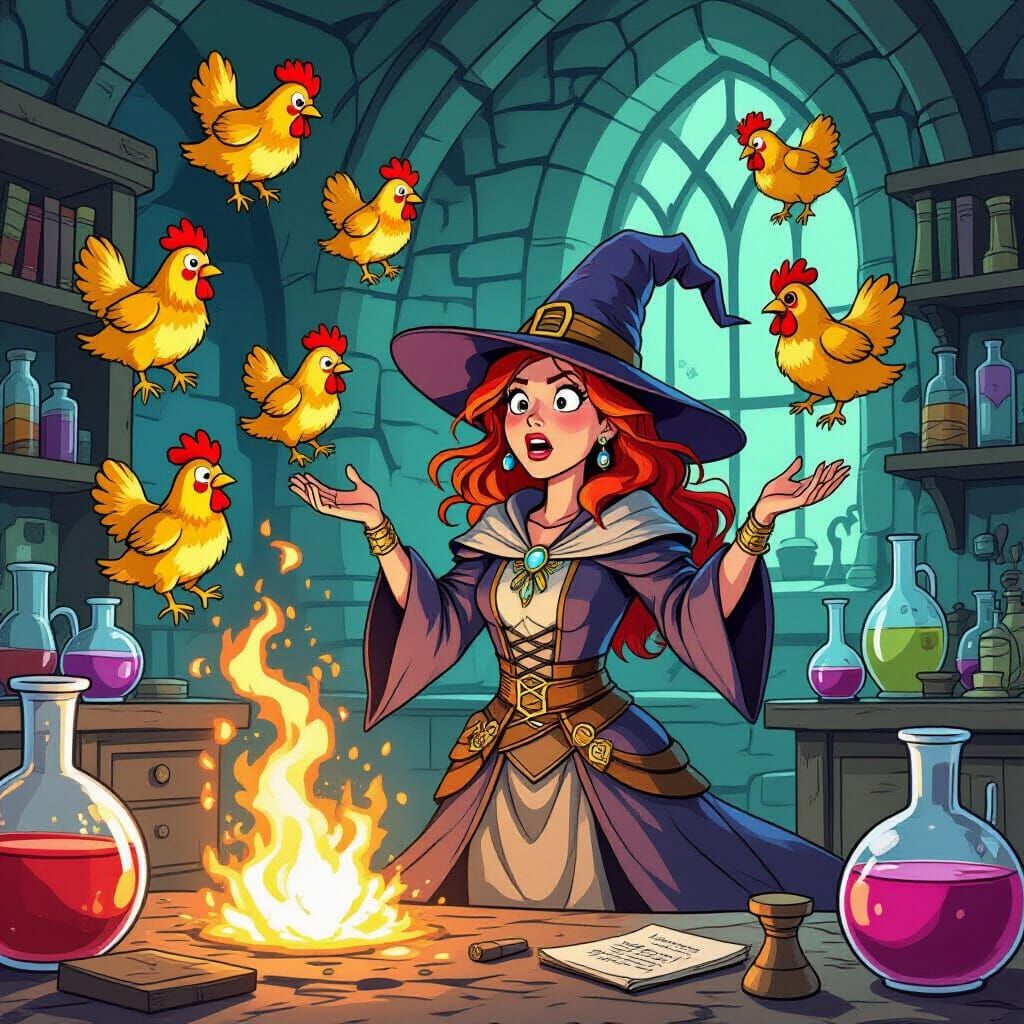 Sorceress Bewildered by Accidental Rubber Chicken Summoning
